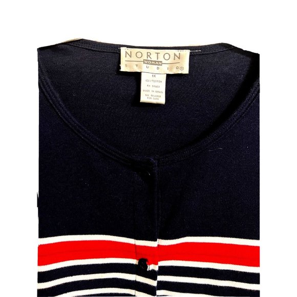 Norton Studio Women Cotton Sweater Cardigan Size 1X  Red Black Stripe - Picture 7 of 9